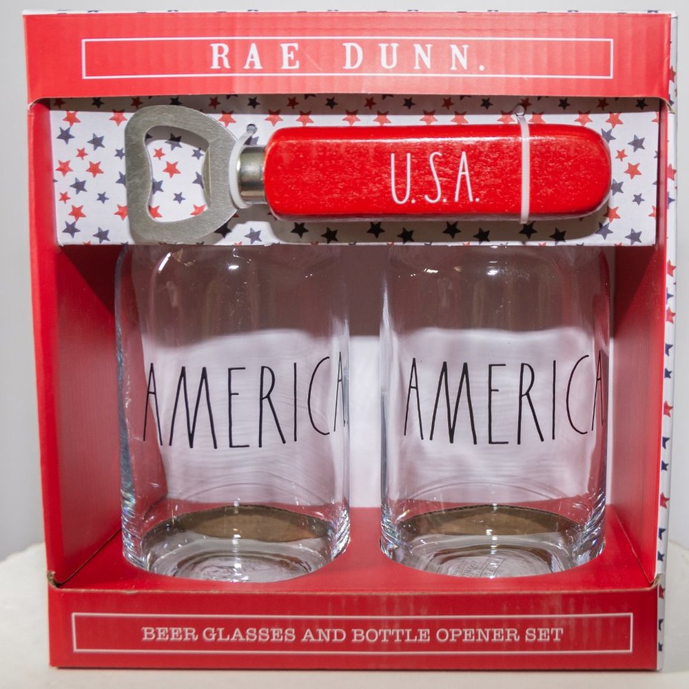RAE DUNN America Beer Glasses & USA Bottle Opener Set Patriotic Forth of July